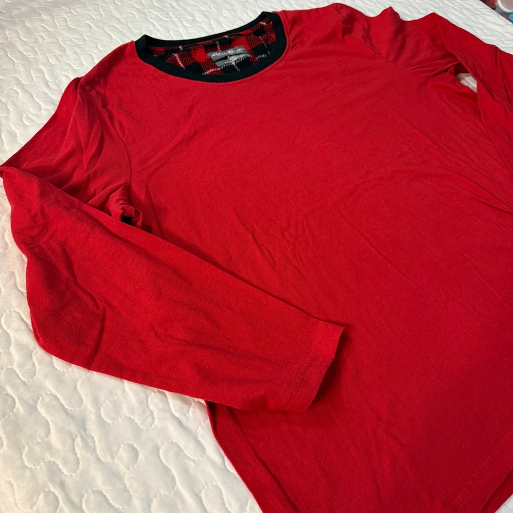 Eddie Bauer Sleep Shirt Men XL Red Long Sleeve Plaid Trim Loungewear Pajama top